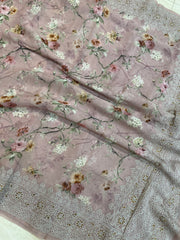 Pure Georgette  Digital Print with Chikankari Handloom Banarasi Saree - The Handlooms