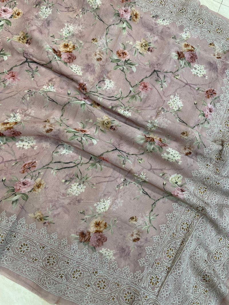 Pure Georgette  Digital Print with Chikankari Handloom Banarasi Saree - The Handlooms