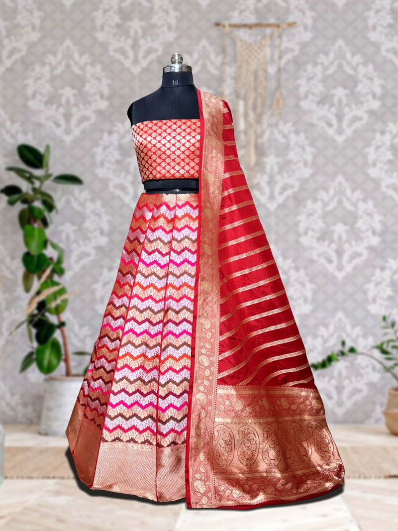 Rangkat Pure Katan Silk Handloom Banarasi Lehenga All Over Sona Roopa Jaal Work With Stitched - The Handlooms