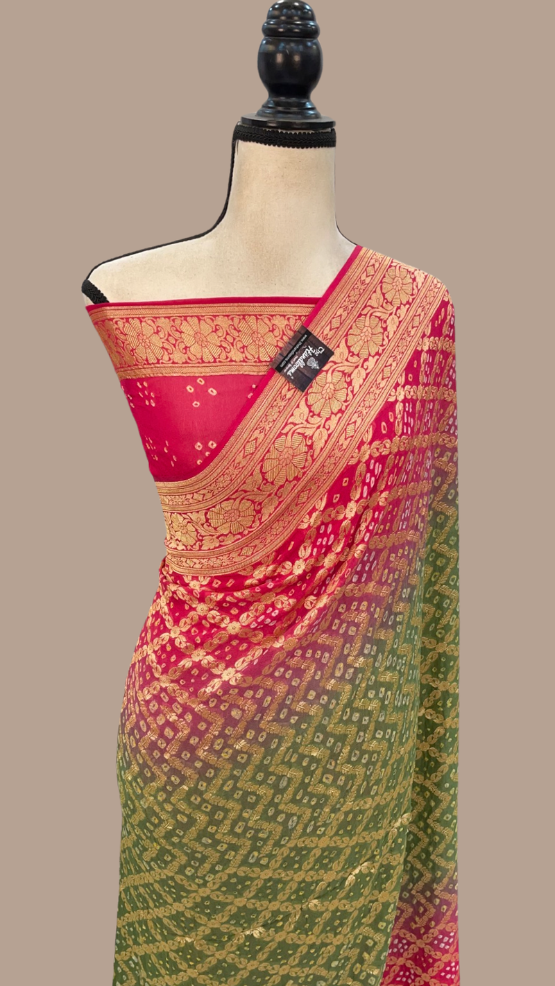 Dual Shade Pure Georgette Banarasi Bandhej Handloom Saree - The Handlooms