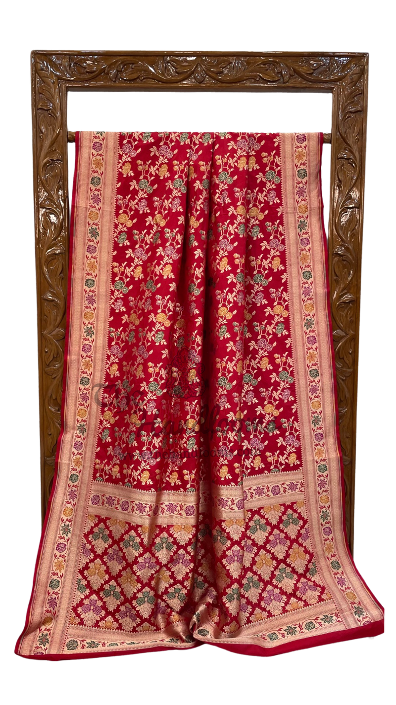 Red Pure Katan Silk Banarasi Handloom Saree - All over Jaal work - With Meenakari - The Handlooms