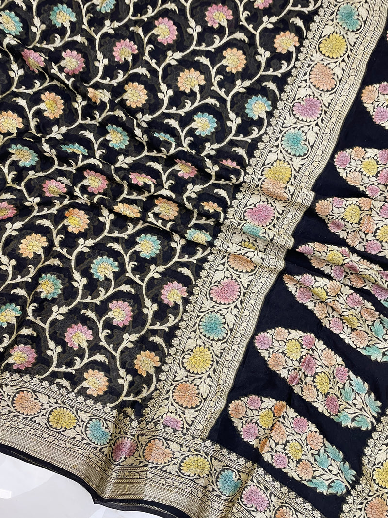 Black Pure Chiffon Khaddi Banarasi Saree - The Handlooms