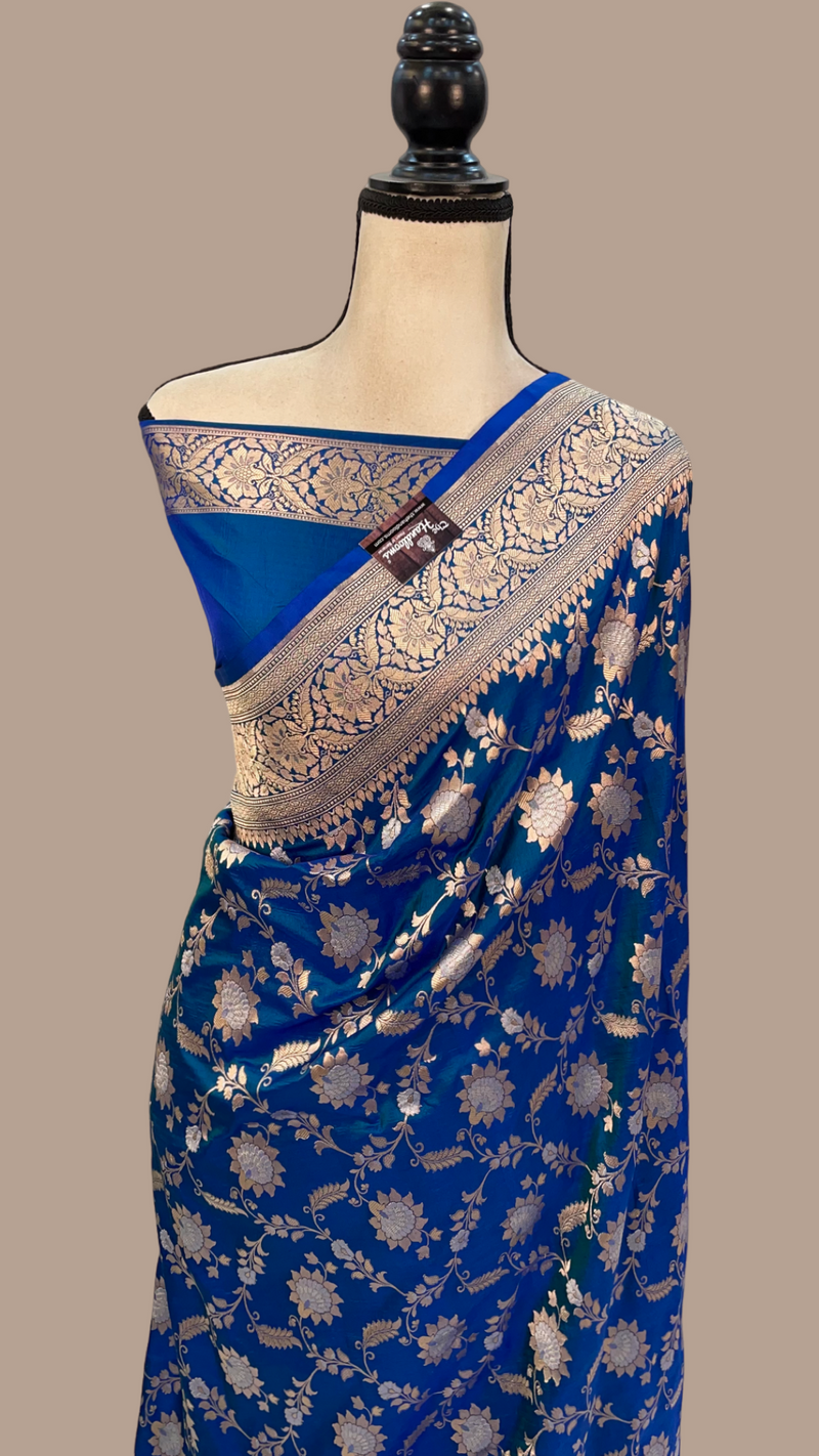 German Blue Pure Katan Silk Banarasi Handloom Saree - All over Sona Roopa Jaal work - The Handlooms