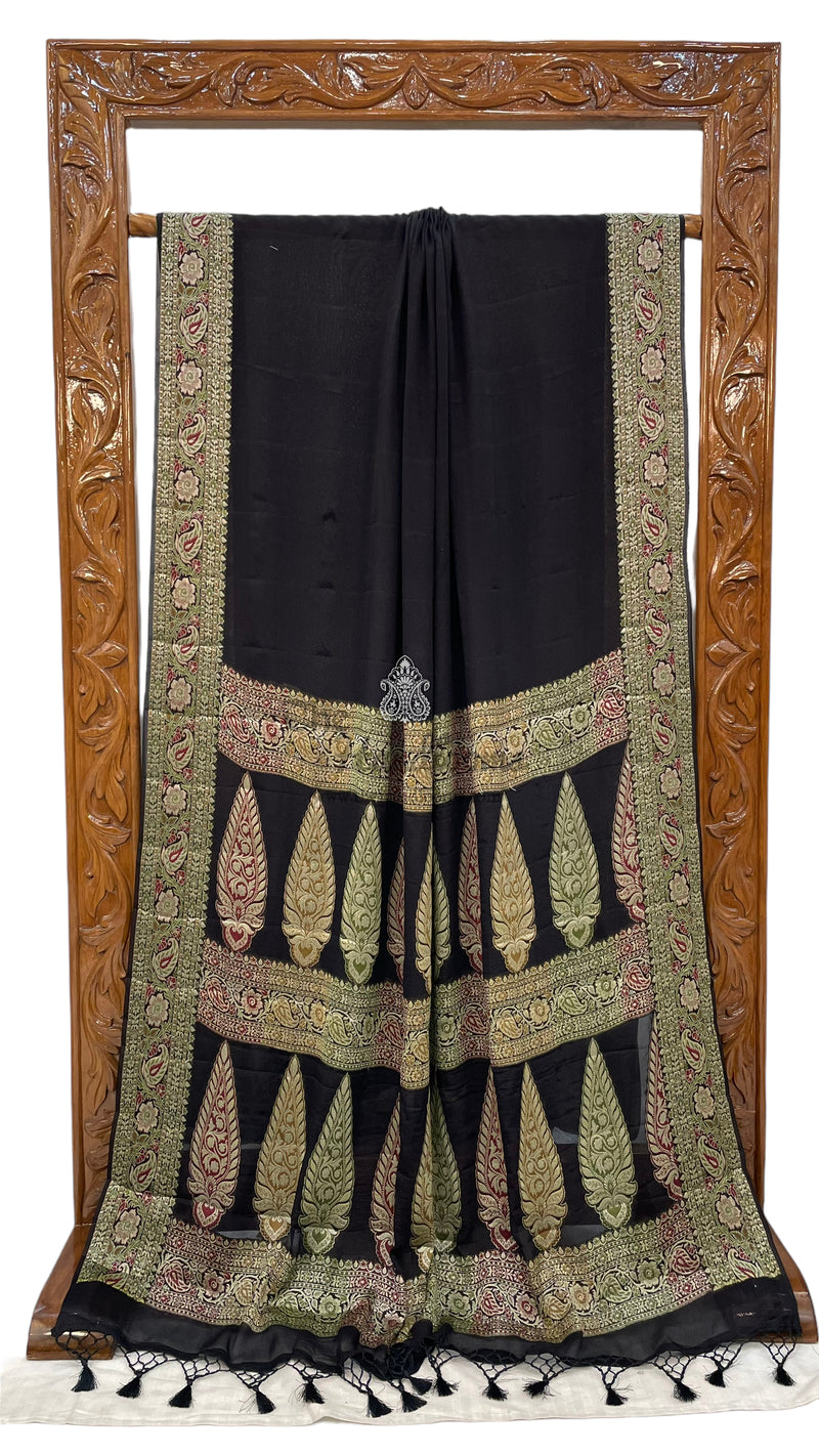 Black Pure Chiffon Khaddi Banarasi Saree - The Handlooms