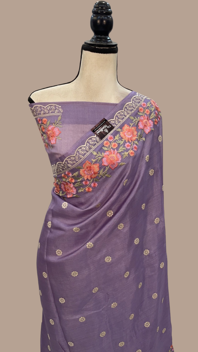 Tussar Silk Handloom Banarasi Saree With Chikankari - The Handlooms