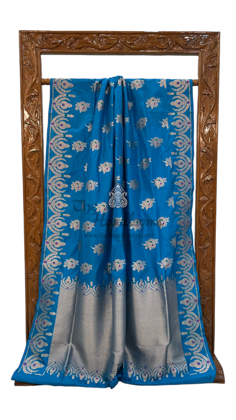 Turquoise Blue Pure Katan Silk Banarasi Handloom Saree - All over Jaal work - With Meenakari - The Handlooms