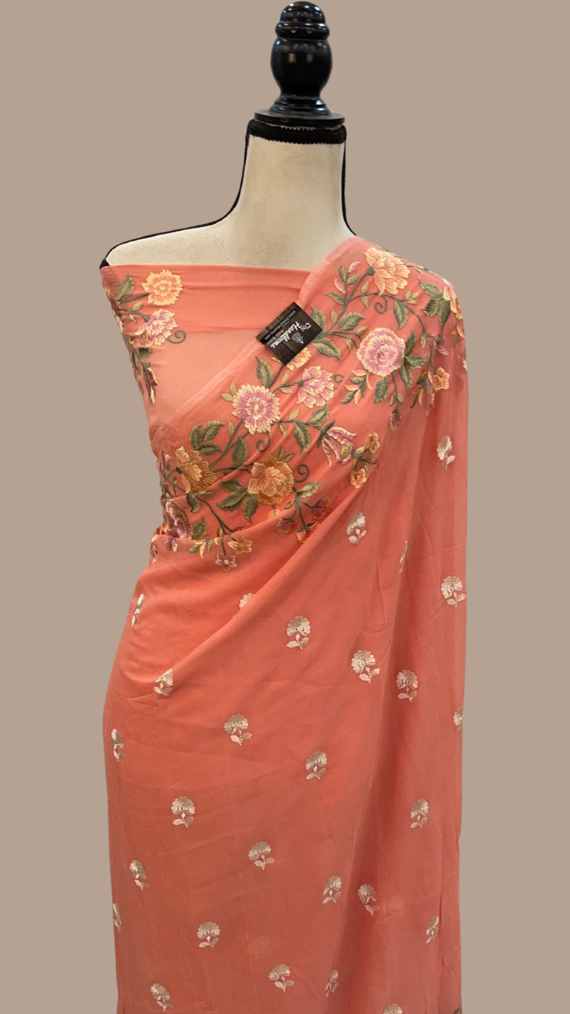 Pure Georgette Chikankari Handloom Banarasi Saree - The Handlooms