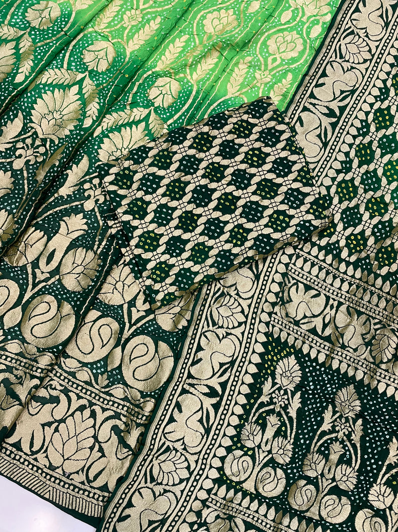 Green Pure Khaddi Georgette Bandhani Handloom Banarasi Lehenga - The Handlooms
