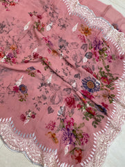 Pure Georgette  Digital Print with Chikankari Handloom Banarasi Saree - The Handlooms