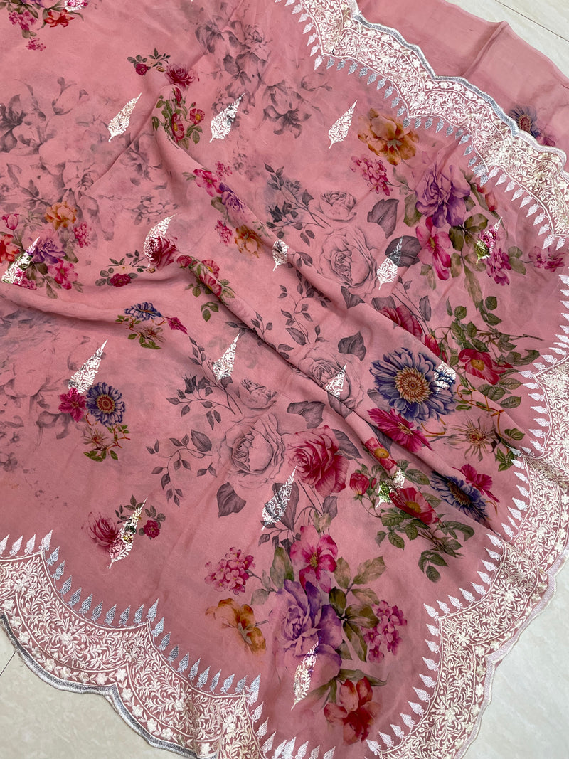 Pure Georgette  Digital Print with Chikankari Handloom Banarasi Saree - The Handlooms