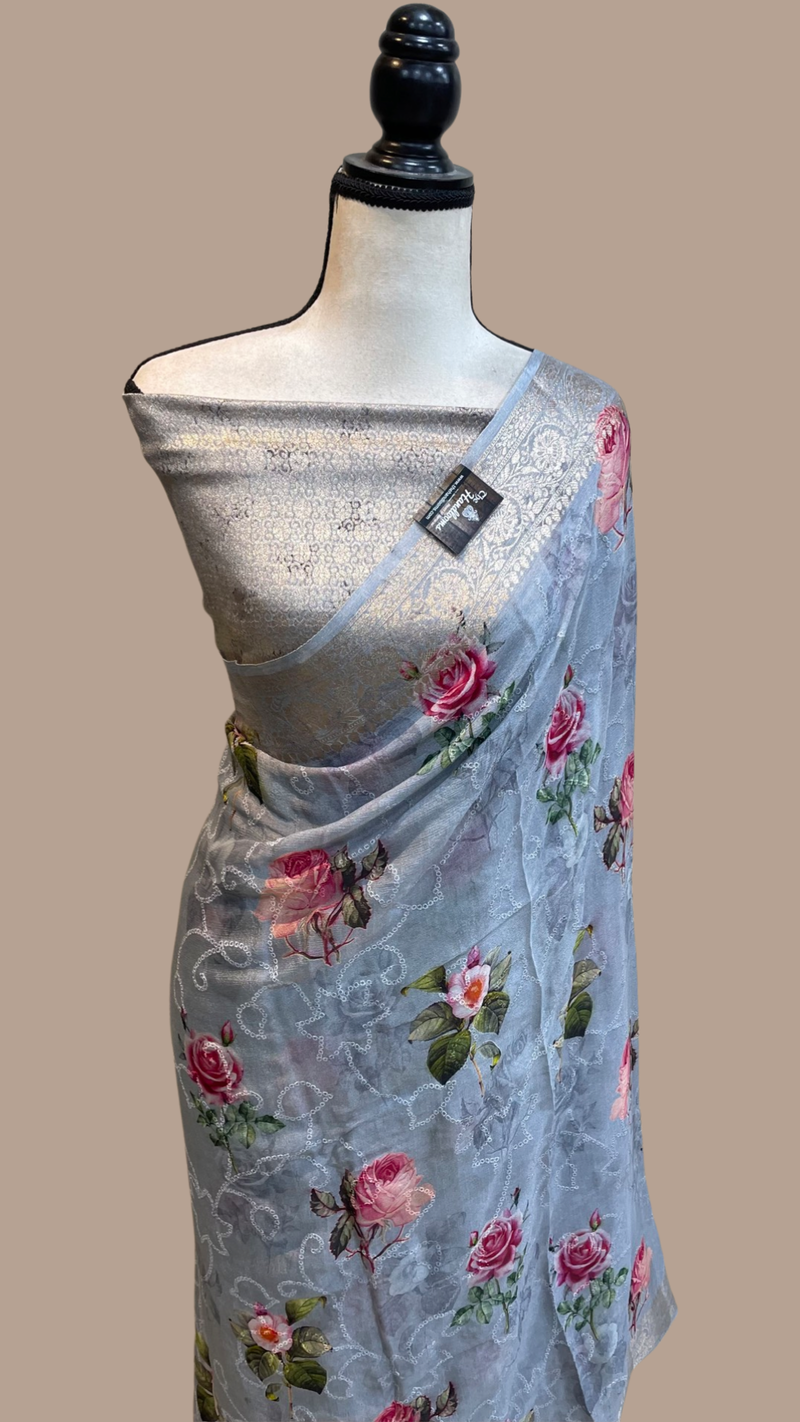 Pure Georgette  Digital Print with Chikankari Handloom Banarasi Saree - The Handlooms