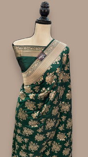 Green Pure Katan Silk Banarasi Handloom Saree - All over jaal work - The Handlooms