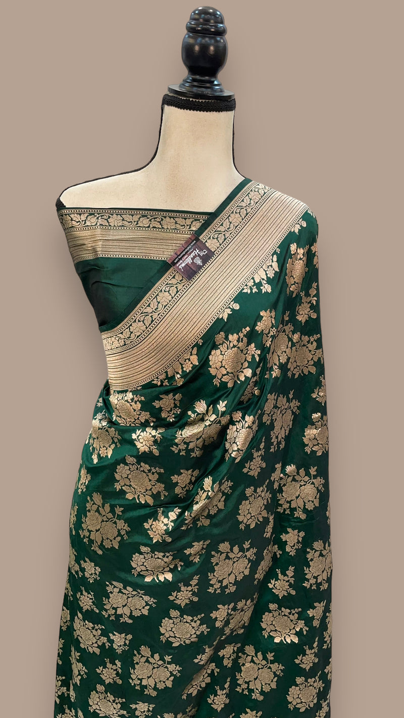 Green Pure Katan Silk Banarasi Handloom Saree - All over jaal work - The Handlooms