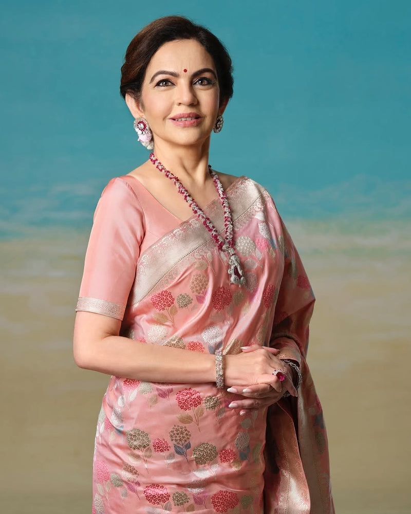 Nita Ambani Pure Katan Silk Banarasi Handloom Saree - All over Jaal work - With Meenakari - The Handlooms