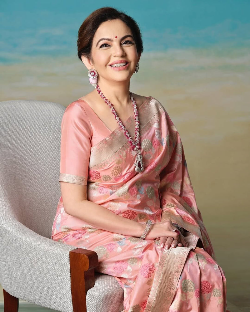 Nita Ambani Pure Katan Silk Banarasi Handloom Saree - All over Jaal work - With Meenakari - The Handlooms