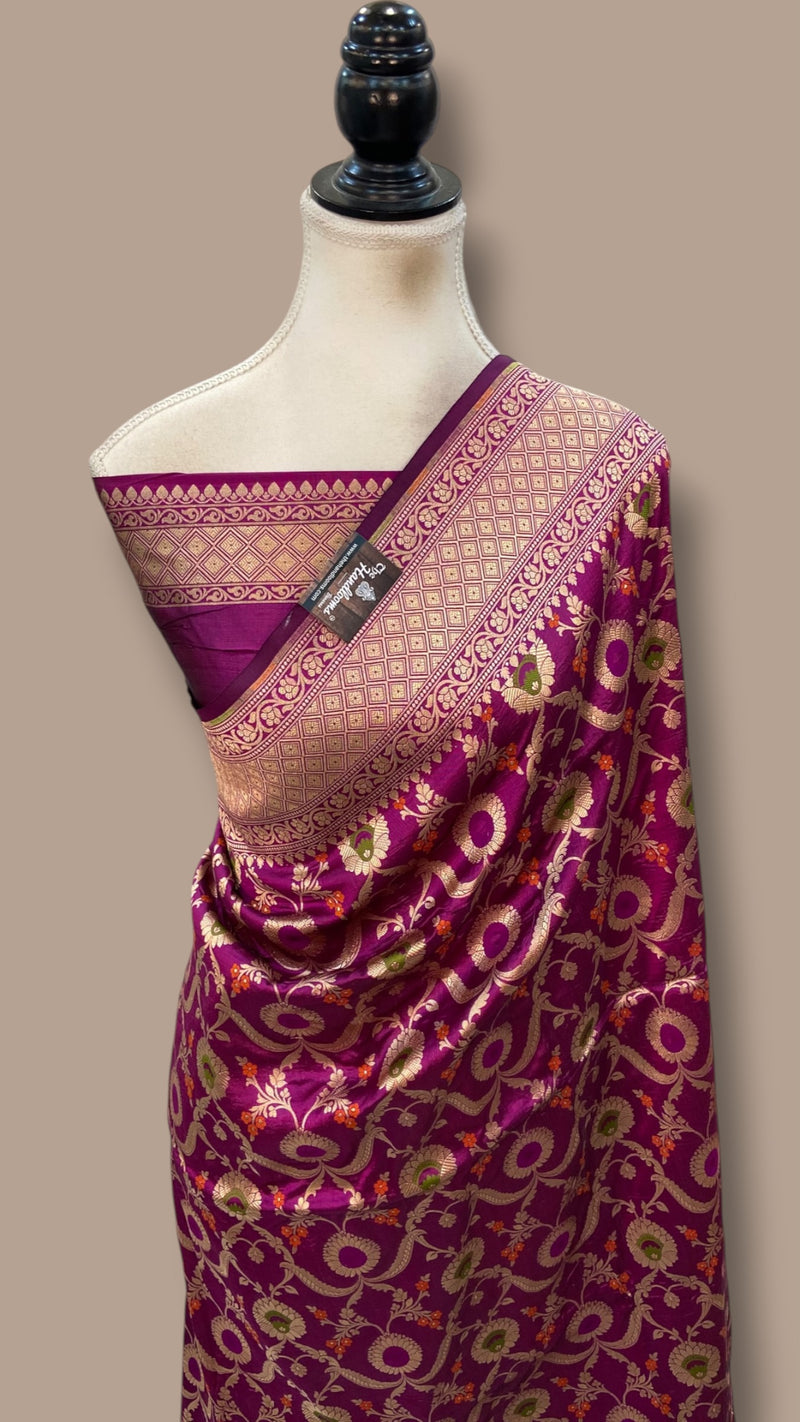 Pure Katan Silk Banarasi Handloom Saree - All Over Jaal Work With Meenakari