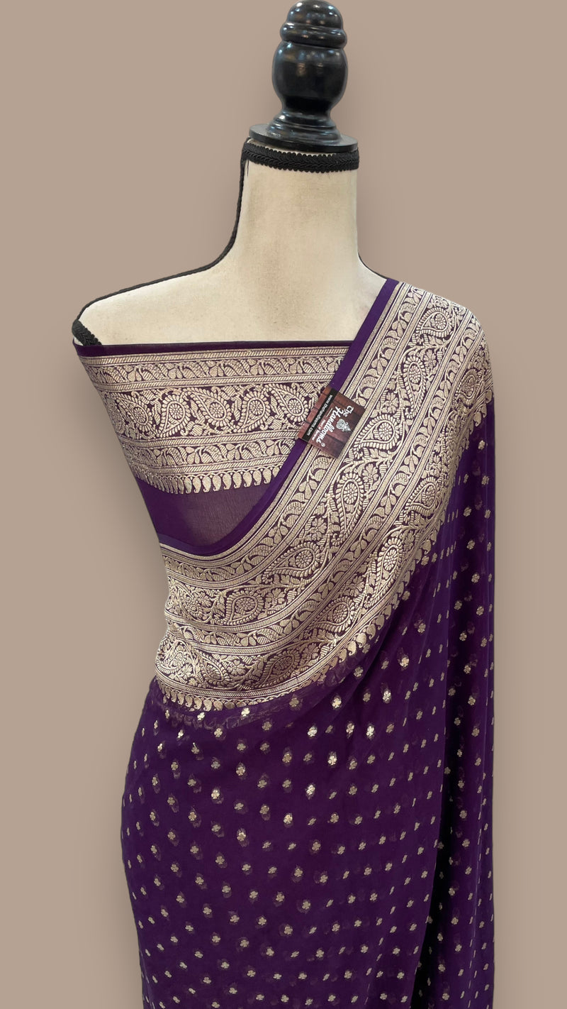 Wine Pure Khaddi Georgette Handloom Banarasi Saree - The Handlooms
