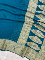 Peacock Blue Pure Chiffon Khaddi Banarasi Saree - The Handlooms