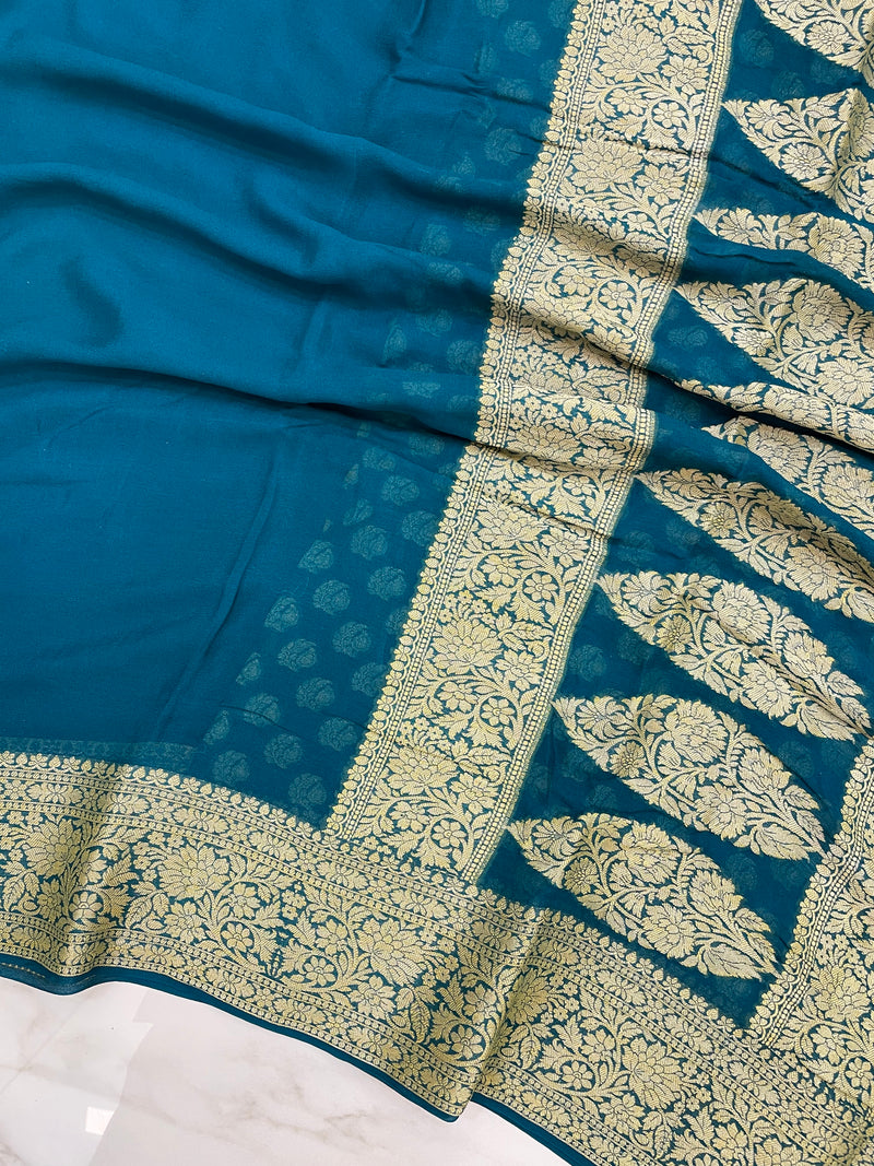 Peacock Blue Pure Chiffon Khaddi Banarasi Saree - The Handlooms