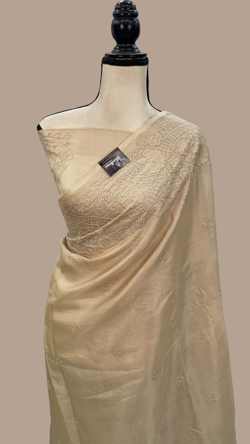 Tussar Silk Handloom Banarasi Saree With Chikankari - The Handlooms