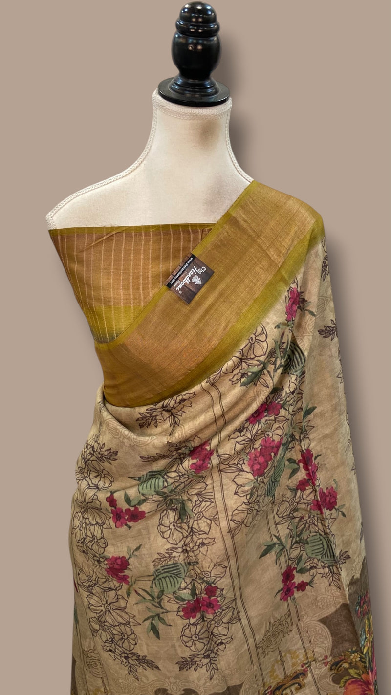 Pure Tussar Silk Handloom Banarasi Saree With Digital Print