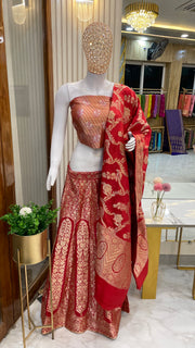 Red Pure Katan Silk Handloom Banarasi Lehenga - Stitched - The Handlooms