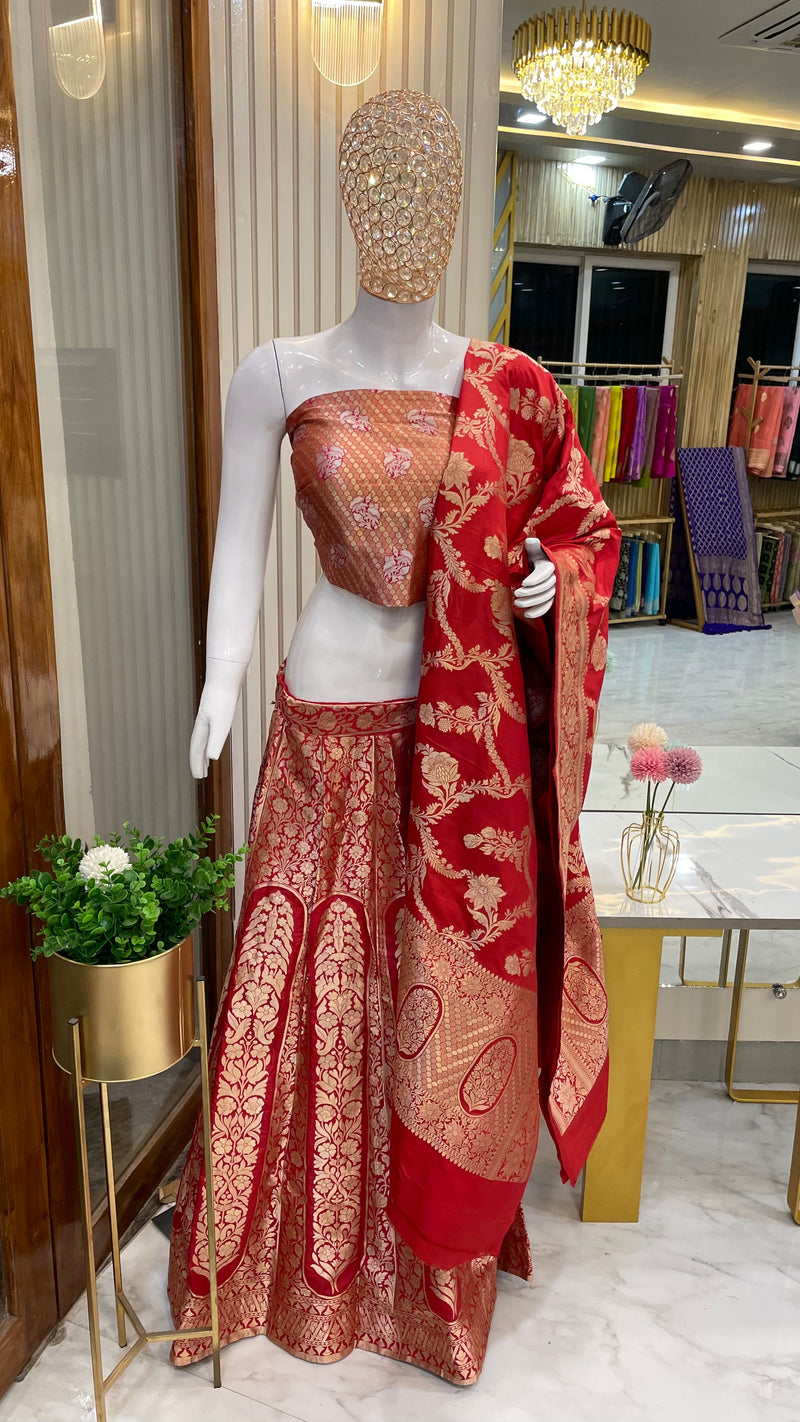 Red Pure Katan Silk Handloom Banarasi Lehenga - Stitched - The Handlooms