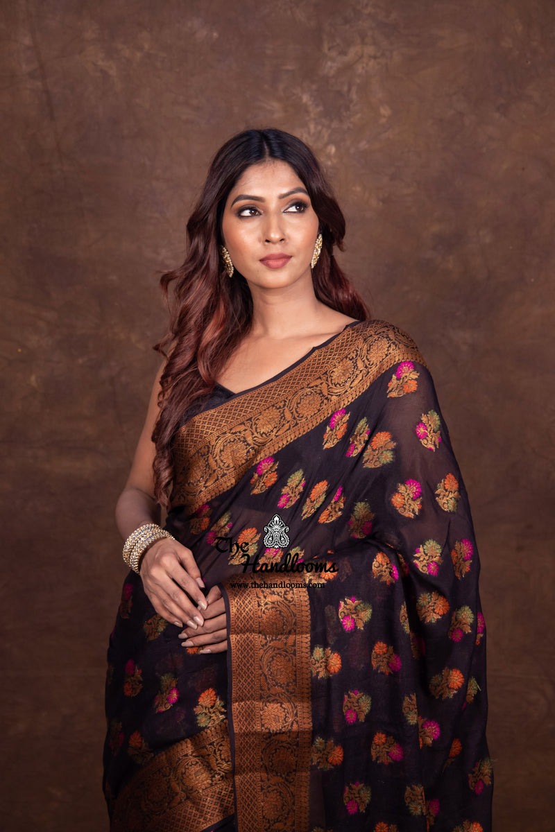 Black Pure Chiffon Khaddi Banarasi Saree - The Handlooms