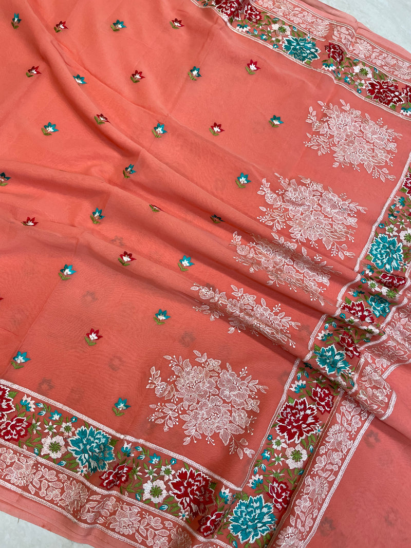 Pure Georgette Chikankari Handloom Banarasi Saree - The Handlooms