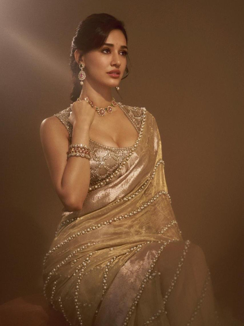 Disha Patani Inspired Pure Kora Tissue Handloom Banarasi Saree - Handwork
