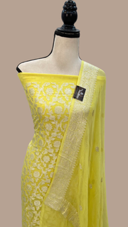Yellow Pure Khaddi Georgette Banarasi Dress material - The Handlooms