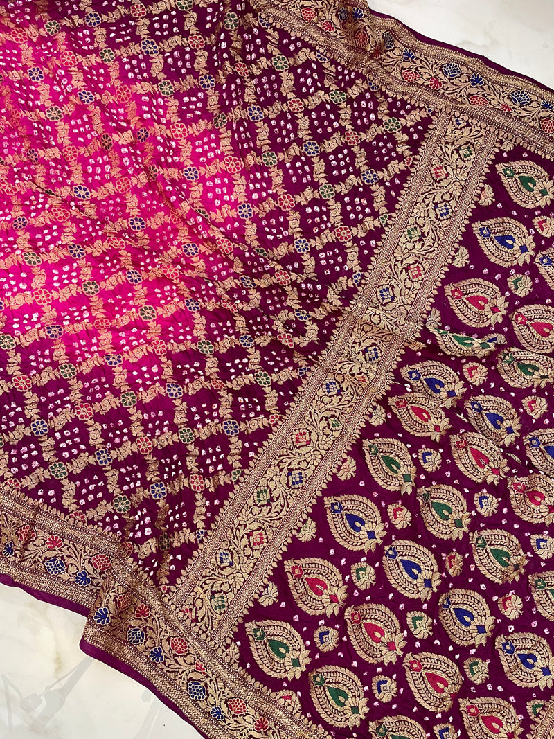 Dupion Silk Bandhej Banarasi Saree - Meenakari - The Handlooms