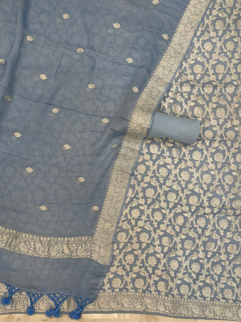 Bluish Grey Khaddi Georgette Banarasi Dress material - The Handlooms