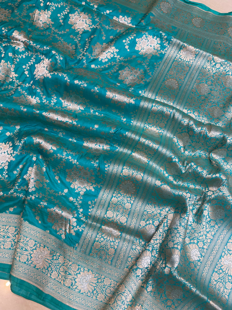 Pure Katan Silk Banarasi Handloom Saree - All over Sona Roopa Jaal work - The Handlooms