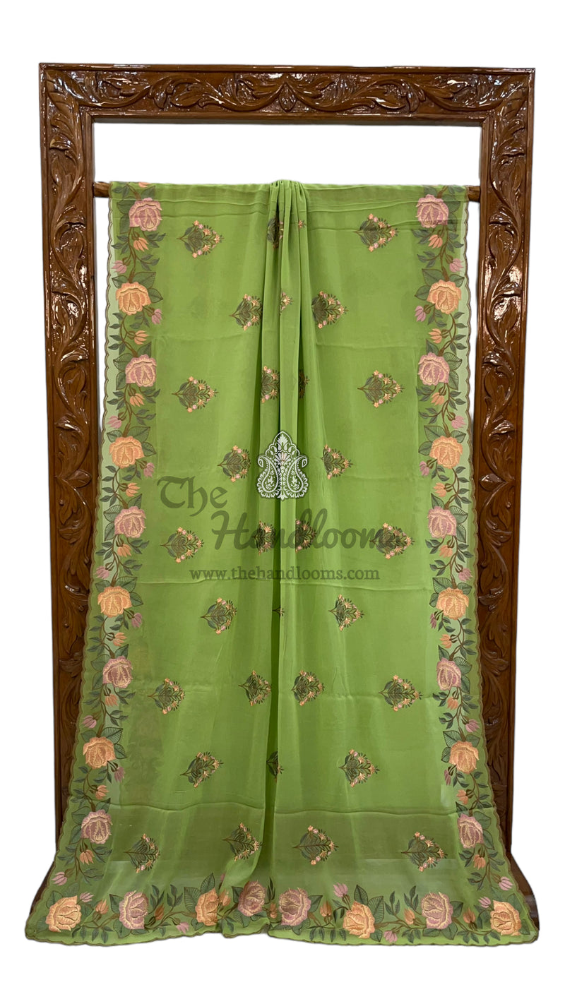 Pure Georgette Chikankari Handloom Banarasi Saree - The Handlooms