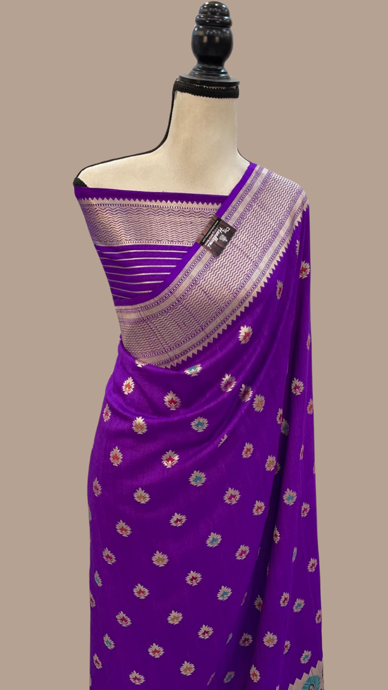 Purple Pure Tussar Georgette Handloom Banarasi Saree - All over Jaal Work with meenakari - The Handlooms