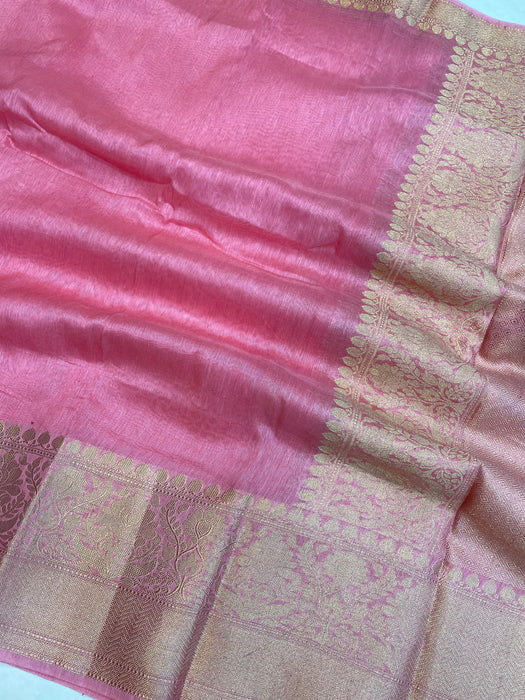 Pure linen Banarasi Saree - Strawberry - The Handlooms