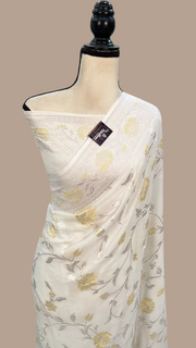 White Khaddi Georgette Handloom Banarasi Saree - All over Roopa Sona Jaal Work - The Handlooms