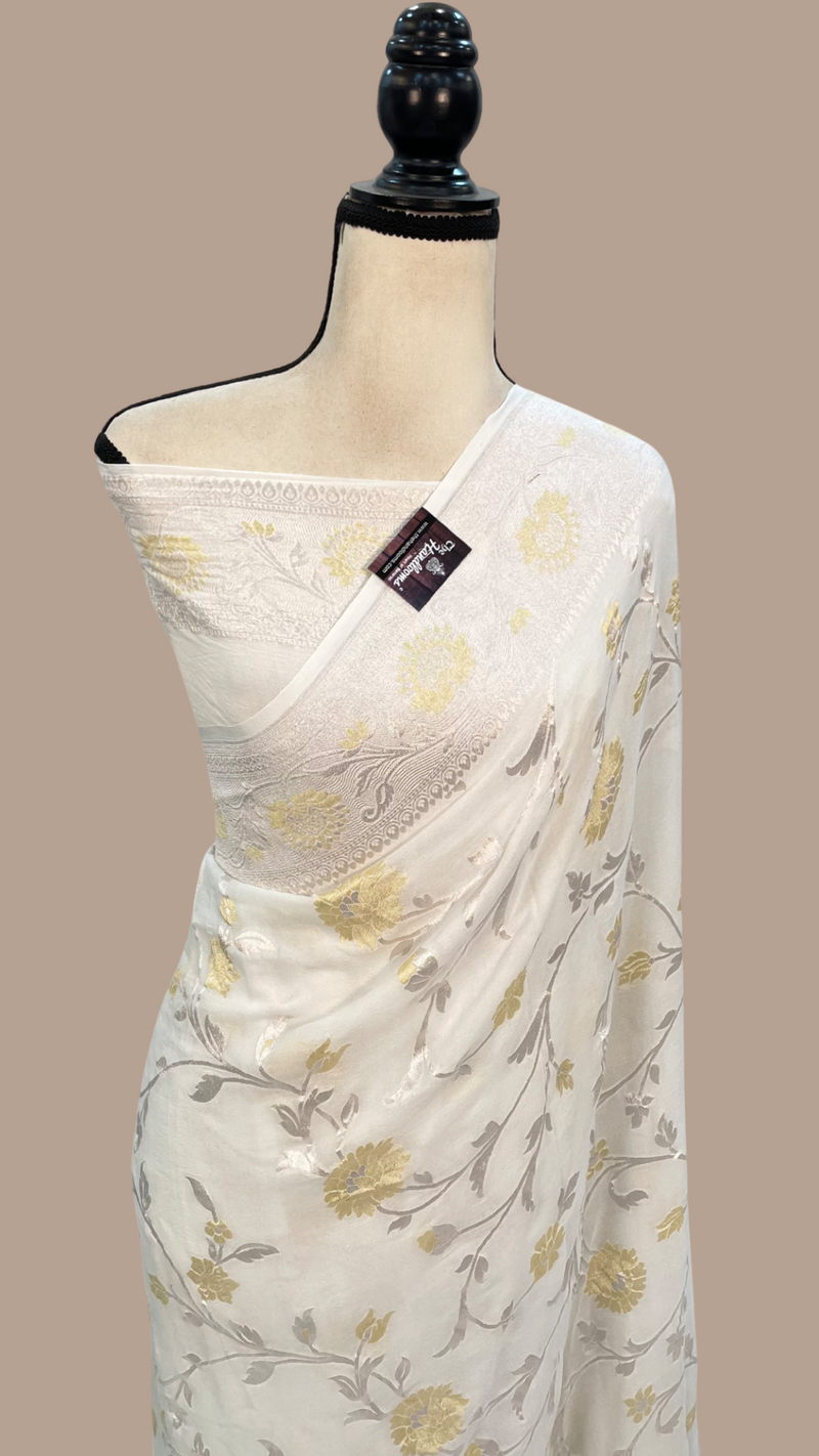 White Khaddi Georgette Handloom Banarasi Saree - All over Roopa Sona Jaal Work - The Handlooms