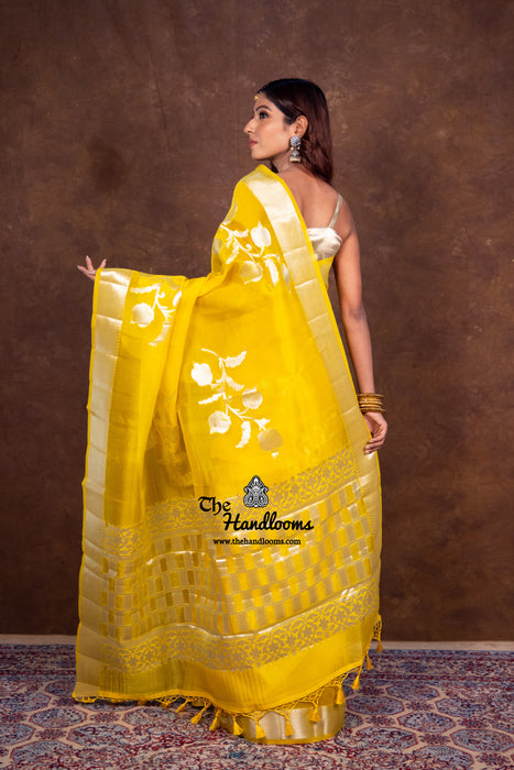 Yellow Pure Kora Handloom Banarasi Saree