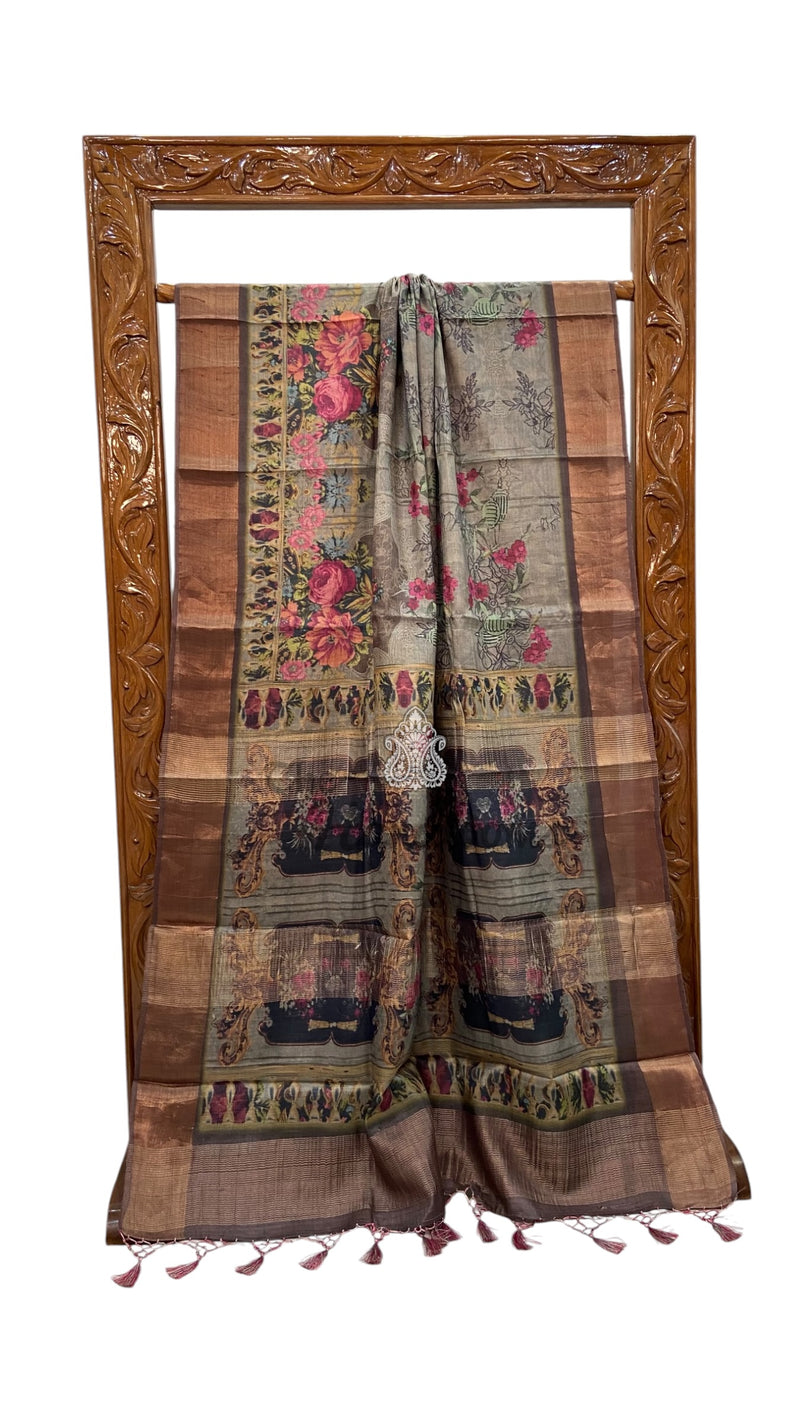Pure Tussar Silk Handloom Banarasi Saree With Digital Print