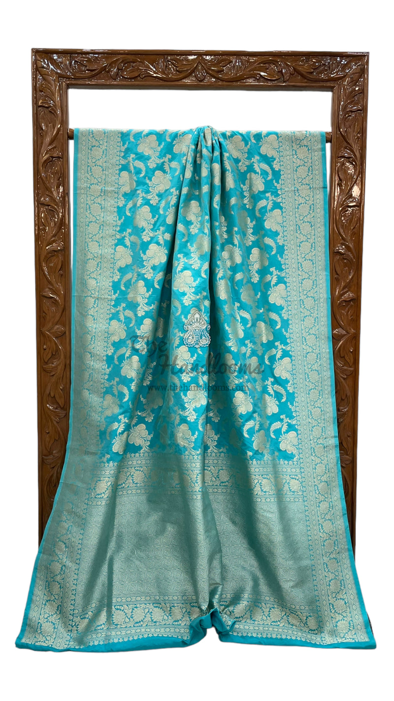 Turquoise Pure Katan Silk Banarasi Handloom Saree - All Over Jaal Work - The Handlooms