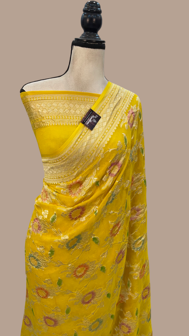Yellow Khaddi Georgette Handloom Banarasi Saree - The Handlooms