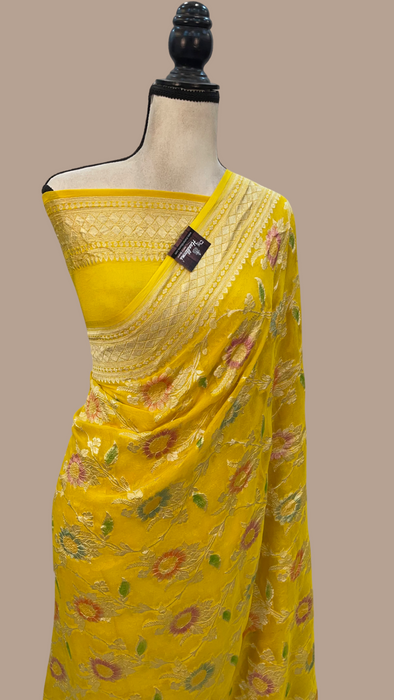 Yellow Khaddi Georgette Handloom Banarasi Saree