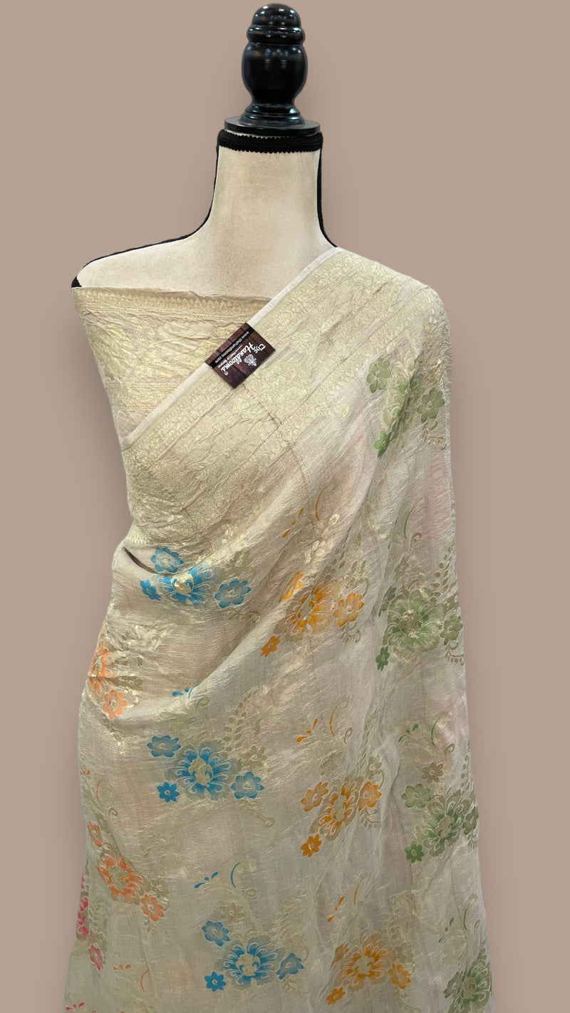 Pure Tussar Georgette Handloom Banarasi Saree - All over Jaal Work with meenakari - The Handlooms