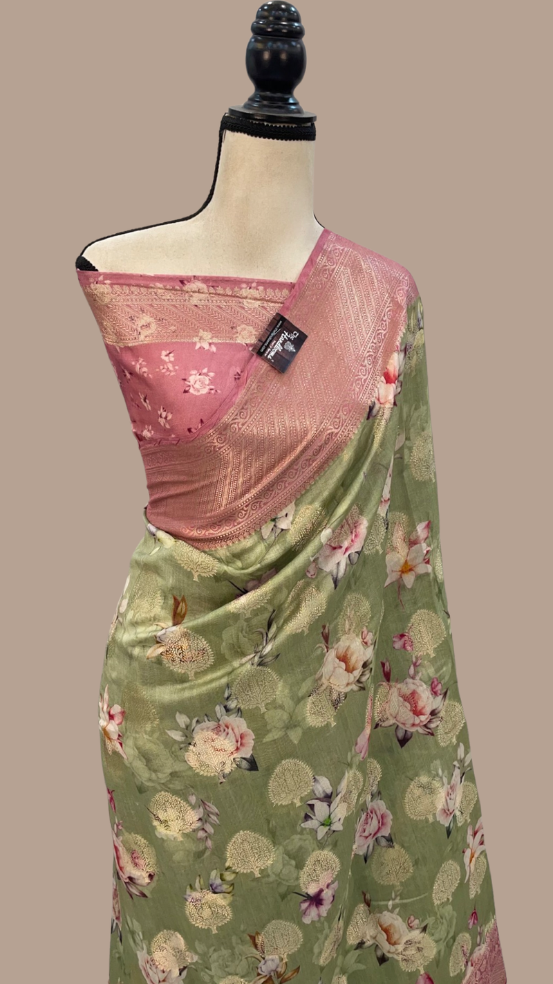 Pure Chiniya Silk Digital Print Handloom Banarasi Saree - The Handlooms