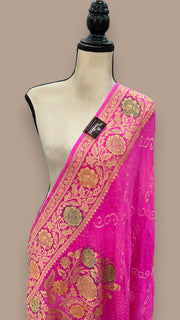 Pink Pure Georgette Banarasi Bandhej Handloom Dupatta - The Handlooms