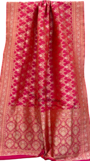 Hot Pink Pure Katan Silk Banarasi Handloom Saree - All over Sona Roopa Jaal work - The Handlooms