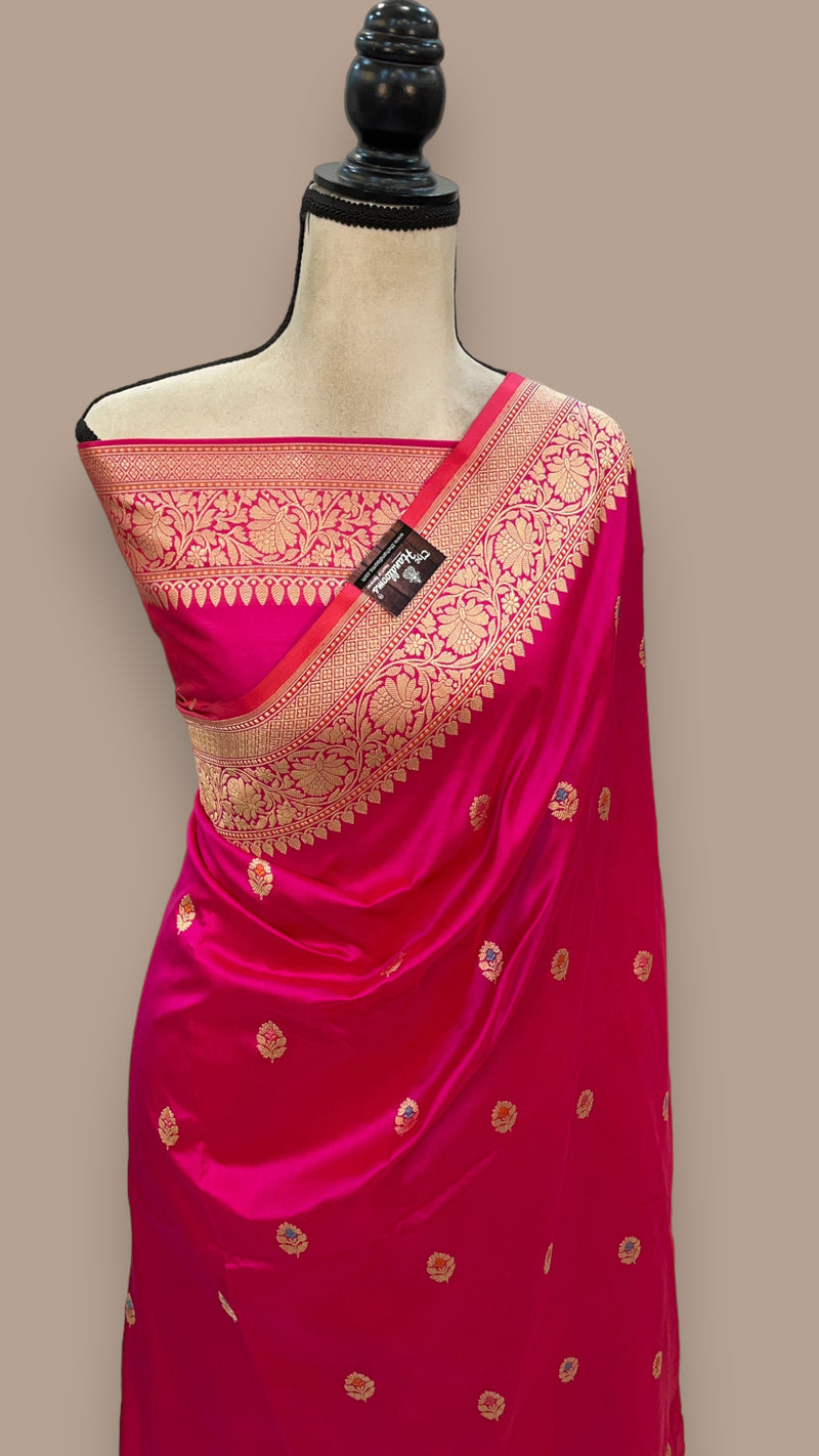 Hot Pink Pure Katan Silk Banarasi Handloom Saree - All over Kadua motifs With Meenakari - The Handlooms