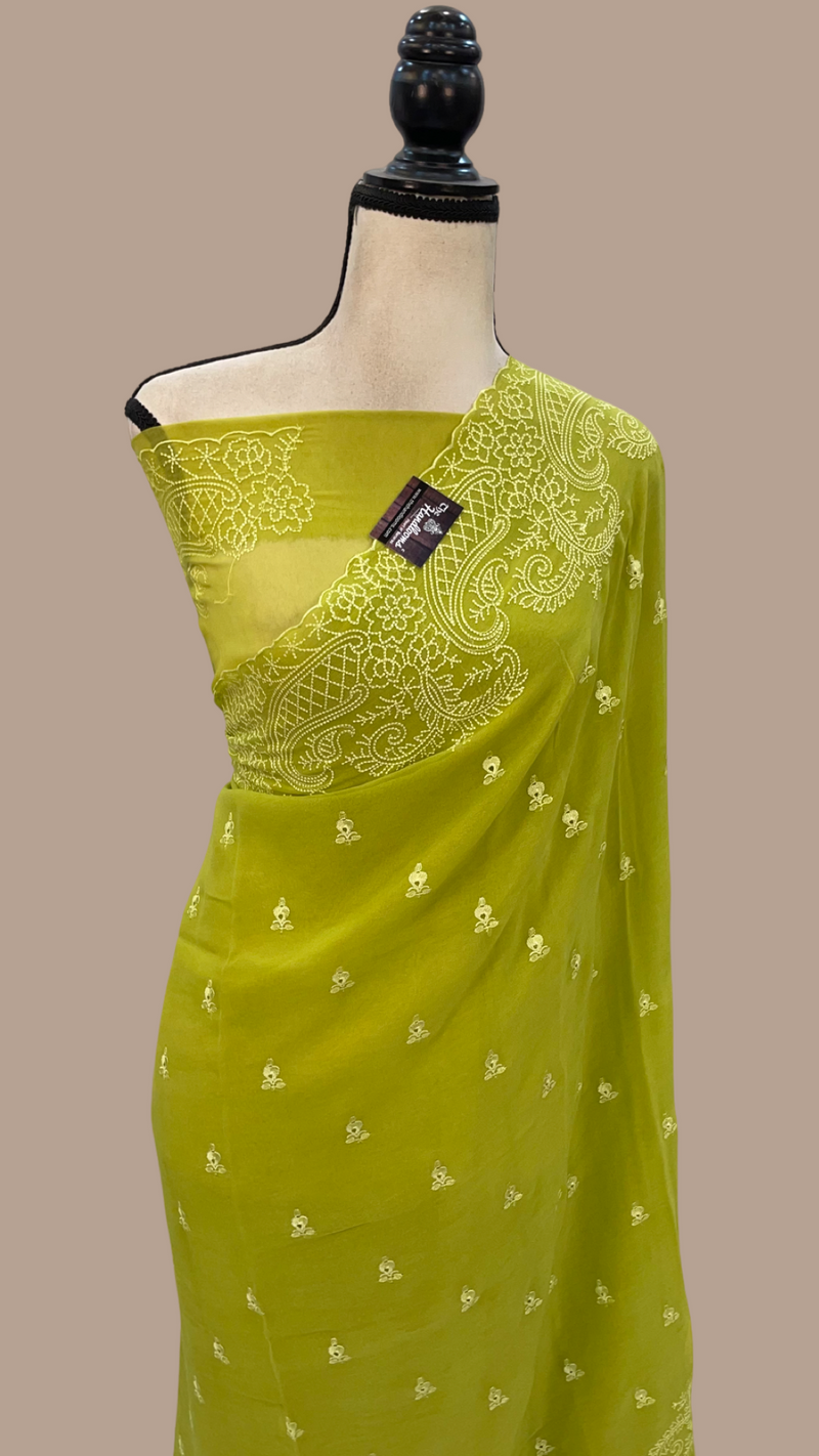 Pure Georgette Chikankari Handloom Banarasi Saree - The Handlooms